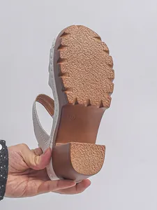 Close-up of non-slip platform sole and chunky heel of women's sandals.