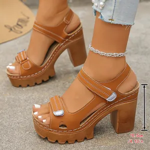 Close-up of brown platform chunky heel sandals with 10.5cm heel height measurement.