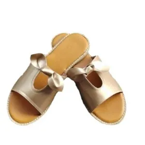 Elegant champagne gold flat slippers with decorative bow for women's summer wear