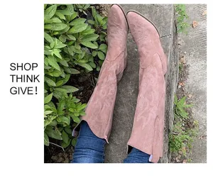 Bottes de chevalier vintage roses brodées à col en V avec coutures occidentales pour femmes
