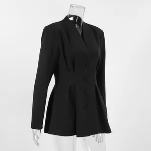 Eleganter schwarzer Damenblazer mit V-Ausschnitt, tailliert, Einreiher, Falten am Saum