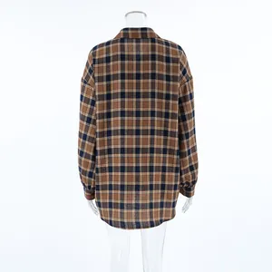 Back view of a casual oversized brown plaid shirt with a classic turn-down collar