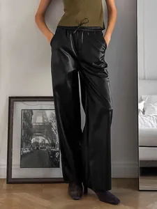 Pantalon Décontracté en Cuir PU à Taille Haute pour Femmes Doublé de Polaire Finition Mate Jambe Large Vintage Élégant Automne Hiver