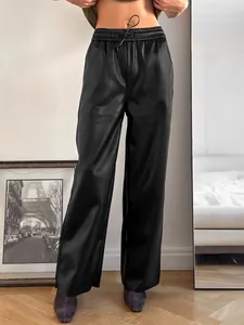Pantalon chic en similicuir mat noir à taille haute pour femmes, coupe décontractée fluide