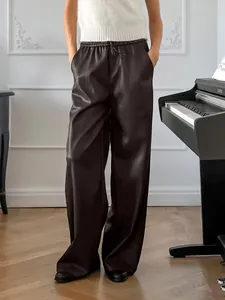 Pantalon large femme taille haute élégant en similicuir mat gris anthracite pour l'automne