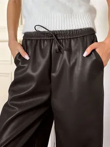 Chic pantalon femme taille haute en similicuir mat gris foncé avec cordon de serrage
