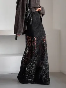 Damen Vintage Schwarz Durchsichtig Spitze Midi Rock Sexy Hohe Taille Floral Patchwork A-Linie Lang Rock Für Sommer Alltag Party