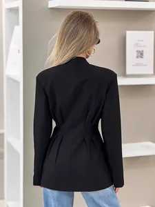 Elegant black tailored blazer for women featuring a pleated cinched waist and a slim fit