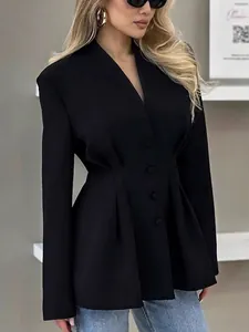 Elegant black V-neck cinched waist blazer with single-breasted buttons and pleats