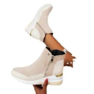 Stylish casual beige suede ankle boots with side zipper and thick white platform sole