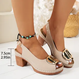 Summer nude peep-toe sandals featuring elegant gold buckle and a comfortable 7.5cm block heel