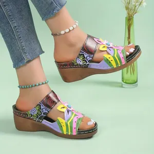 Bohemian ethnic style women's large size wedge sandals with colorful floral print decor