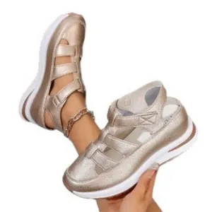 Comfortable champagne wedge sandals with hollow design and velcro straps for women