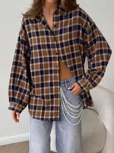 Oversized brown plaid button-down shirt with lapel collar for women casual style