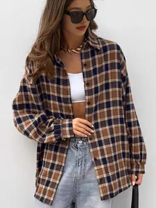 Stylish oversized coffee plaid button-down shirt with lapel for women in casual spring style