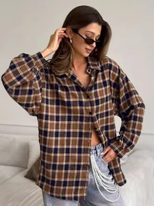 Stylish brown plaid oversized button-down shirt with lapel collar for women, 2025