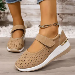 Women's summer hollow wedge sneakers with breathable cutouts and adjustable velcro straps
