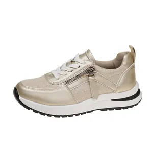 Modische goldene Damen Plateau Sneaker mit Schnürung und seitlichem Reißverschluss