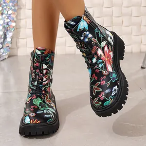 Stylish women's floral print lace-up Martin boots with thick rubber platform sole