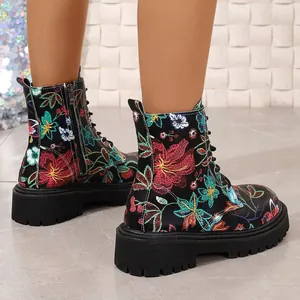 Close-up detail of women's floral print ankle boots featuring thick soles and side zippers