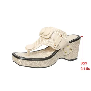 Elegant beige wedge heel flip-flop sandal with 8cm heel height and metal buckle detail