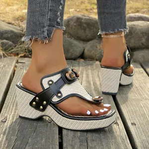 Stylish summer platform wedge thong sandals featuring woven texture and metal studs