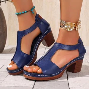 Close-up of stylish blue leather fish-mouth sandals with T-strap and high block heels