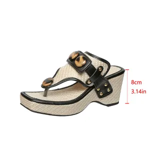 Detail view showing 8cm heel height of women's woven wedge thong sandals with metal buttons