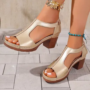 Detail shot of gold wedge heel peep toe sandals with T-strap and metallic finish