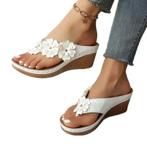 Comfortable white floral wedge sandals for women with stitched beach vacation style
