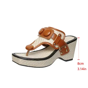 Detailed view of the woven wedge thong sandal showing the 8cm high heel measurement