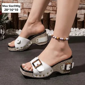 Women Wedge Slippers Summer Casual Beach Sandals With Metal Buckle Rivet Straw Weave Platform Chunky Mid Heel Shoes