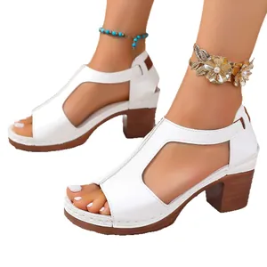 Elegant white peep toe platform sandals with Roman style chunky high heels for summer