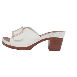 Women's white block heel slide sandals with gold buckle and textured brown heel