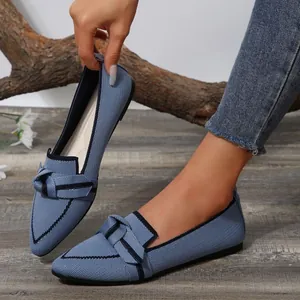 Elegant blue pointed-toe knit flat shoes for women with stylish slip-on design