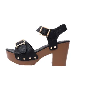 Chunky high heel platform sandals for women featuring gold rivets and ankle buckle straps