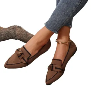 Stylish brown pointed toe knit flat shoes with bow detail for spring 2024