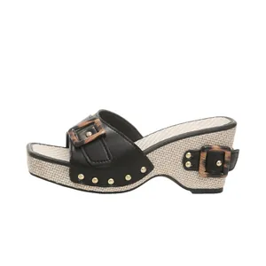 Side view of women's block heel sandal with woven platform and leopard buckle.