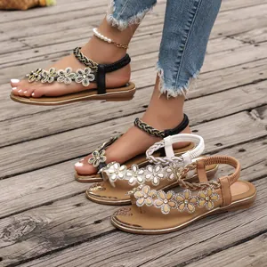 Women's Bohemian Rhinestone Flower Sandals PU Leather Flat Sandals Elastic Back Strap Summer Casual Slip-On Beach Shoes
