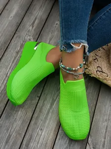 Lime green knit mesh wedge platform sneakers for women with slip-on design