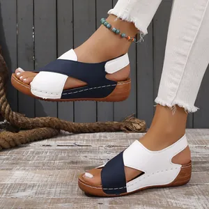 Stylish women's blue and white wedge sandals with hollow design and comfortable thick sole