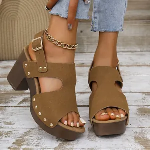 Macrobeeld van bruine plateau sandalen met blokhak en goudkleurige klinknagels