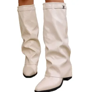 Elegant white slouchy knee-high boots with pointed toe and chunky heel for women.