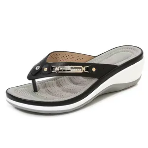 Dames Sleehak Flip Flops Rundleer Strass Metalen Gesp Strand Sandalen Zomer Casual Platform Slides Dames Buitenmode
