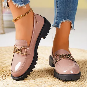 Elegant women's pink patent leather platform loafers with gold chain accent and round toe