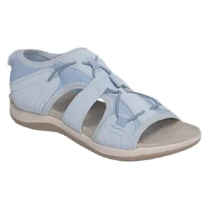 Light blue women's flat beach sandals with adjustable bungee laces and open toe design