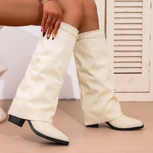 Stylish white suede pointed-toe fold-over block heel boots for women in autumn