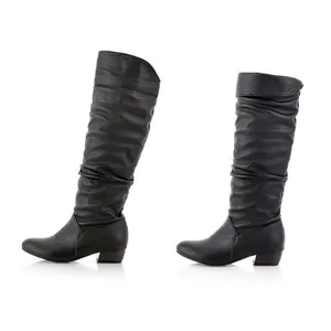 Detailed side view of stylish black slouchy high-top boots featuring low block heels