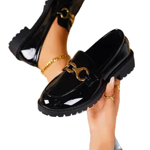 Stylish black patent leather French loafers with gold metal buckle for women's fashion