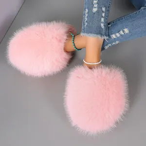 Detailed view of soft pink fluffy house slippers featuring high-density faux fur texture